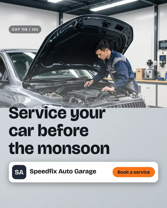 The finished sample post for Speedfix Auto Garage, a made-up car garage: the painted scene with the headline “Service your car before the monsoon”, the business name and a “Book a service” button placed on top.
