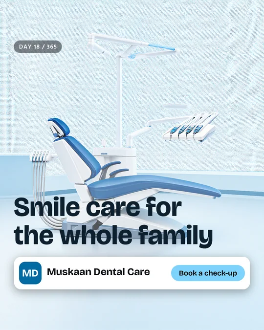 The finished sample post for Muskaan Dental Care, a made-up dental clinic: the painted scene with the headline “Smile care for the whole family”, the business name and a “Book a check-up” button placed on top.