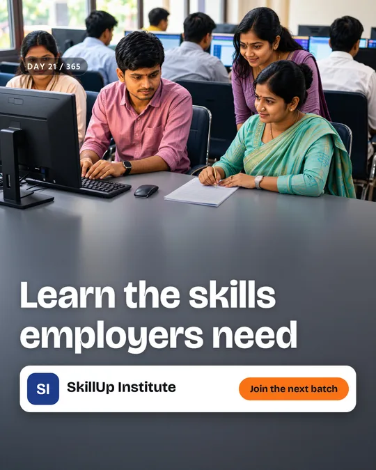 The finished sample post for SkillUp Institute, a made-up skill institute: the painted scene with the headline “Learn the skills employers need”, the business name and a “Join the next batch” button placed on top.