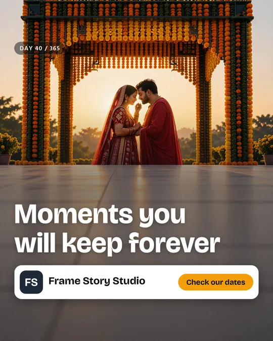 The finished sample post for Frame Story Studio, a made-up wedding photographer: the painted scene with the headline “Moments you will keep forever”, the business name and a “Check our dates” button placed on top.
