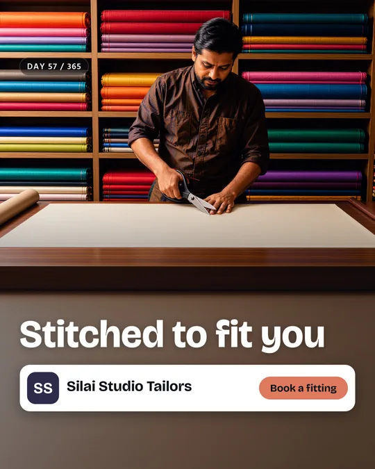 The finished sample post for Silai Studio Tailors, a made-up tailoring studio: the painted scene with the headline “Stitched to fit you”, the business name and a “Book a fitting” button placed on top.