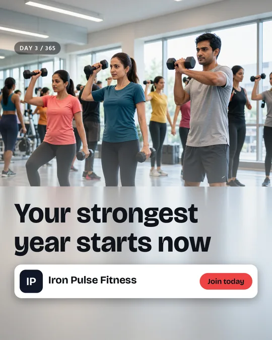 The finished sample post for Iron Pulse Fitness, a made-up gym: the painted scene with the headline “Your strongest year starts now”, the business name and a “Join today” button placed on top.