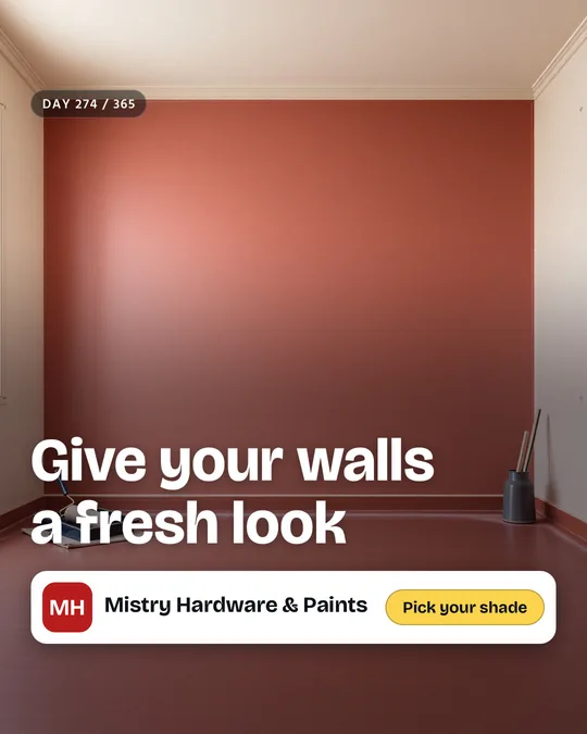The finished sample post for Mistry Hardware & Paints, a made-up paint shop: the painted scene with the headline “Give your walls a fresh look”, the business name and a “Pick your shade” button placed on top.