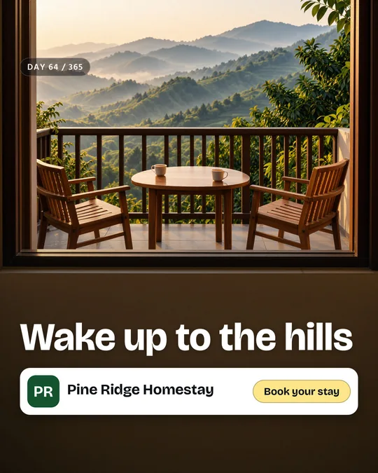The finished sample post for Pine Ridge Homestay, a made-up homestay: the painted scene with the headline “Wake up to the hills”, the business name and a “Book your stay” button placed on top.