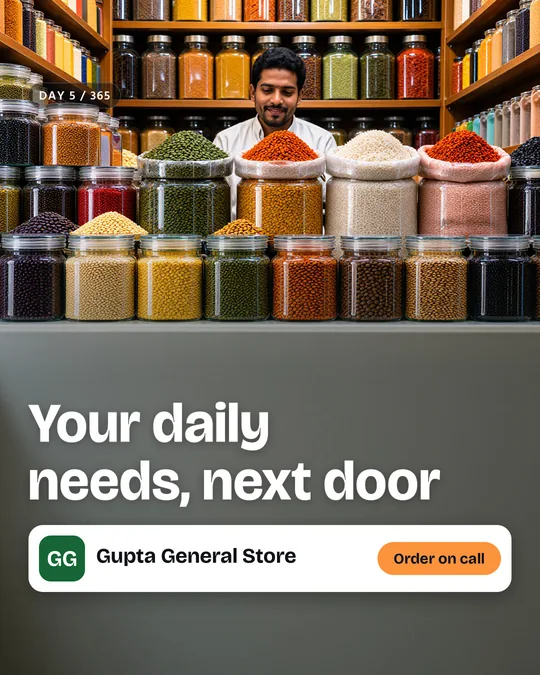 The finished sample post for Gupta General Store, a made-up kirana store: the painted scene with the headline “Your daily needs, next door”, the business name and a “Order on call” button placed on top.