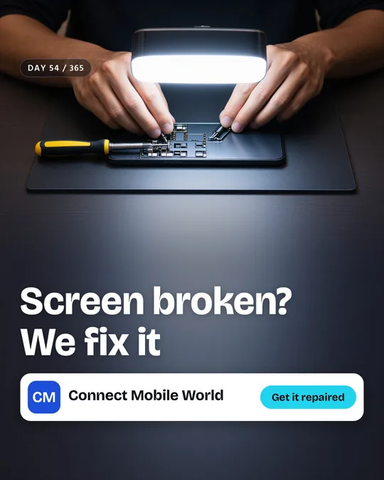 The finished sample post for Connect Mobile World, a made-up mobile repair: the painted scene with the headline “Screen broken? We fix it”, the business name and a “Get it repaired” button placed on top.