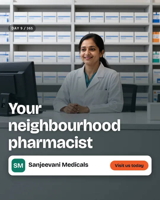 The finished sample post for Sanjeevani Medicals, a made-up neighbourhood pharmacy: the painted scene with the headline “Your neighbourhood pharmacist”, the business name and a “Visit us today” button placed on top.