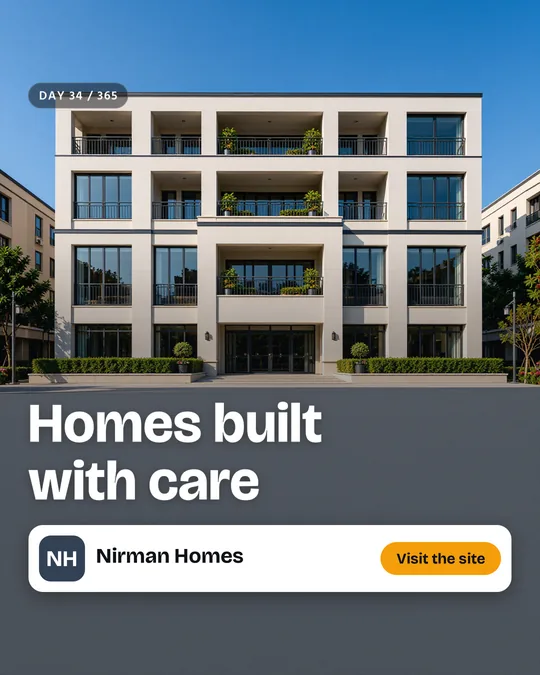 The finished sample post for Nirman Homes, a made-up small builder: the painted scene with the headline “Homes built with care”, the business name and a “Visit the site” button placed on top.