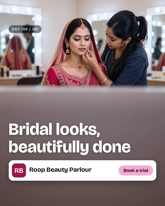 The finished sample post for Roop Beauty Parlour, a made-up beauty parlour: the painted scene with the headline “Bridal looks, beautifully done”, the business name and a “Book a trial” button placed on top.
