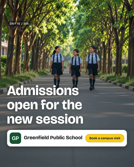 The finished sample post for Greenfield Public School, a made-up school admissions: the painted scene with the headline “Admissions open for the new session”, the business name and a “Book a campus visit” button placed on top.