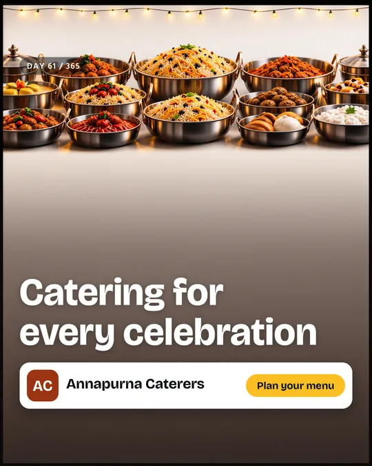 The finished sample post for Annapurna Caterers, a made-up wedding caterer: the painted scene with the headline “Catering for every celebration”, the business name and a “Plan your menu” button placed on top.