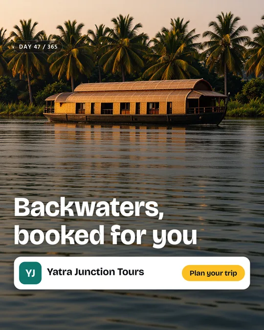 The finished sample post for Yatra Junction Tours, a made-up tour operator: the painted scene with the headline “Backwaters, booked for you”, the business name and a “Plan your trip” button placed on top.