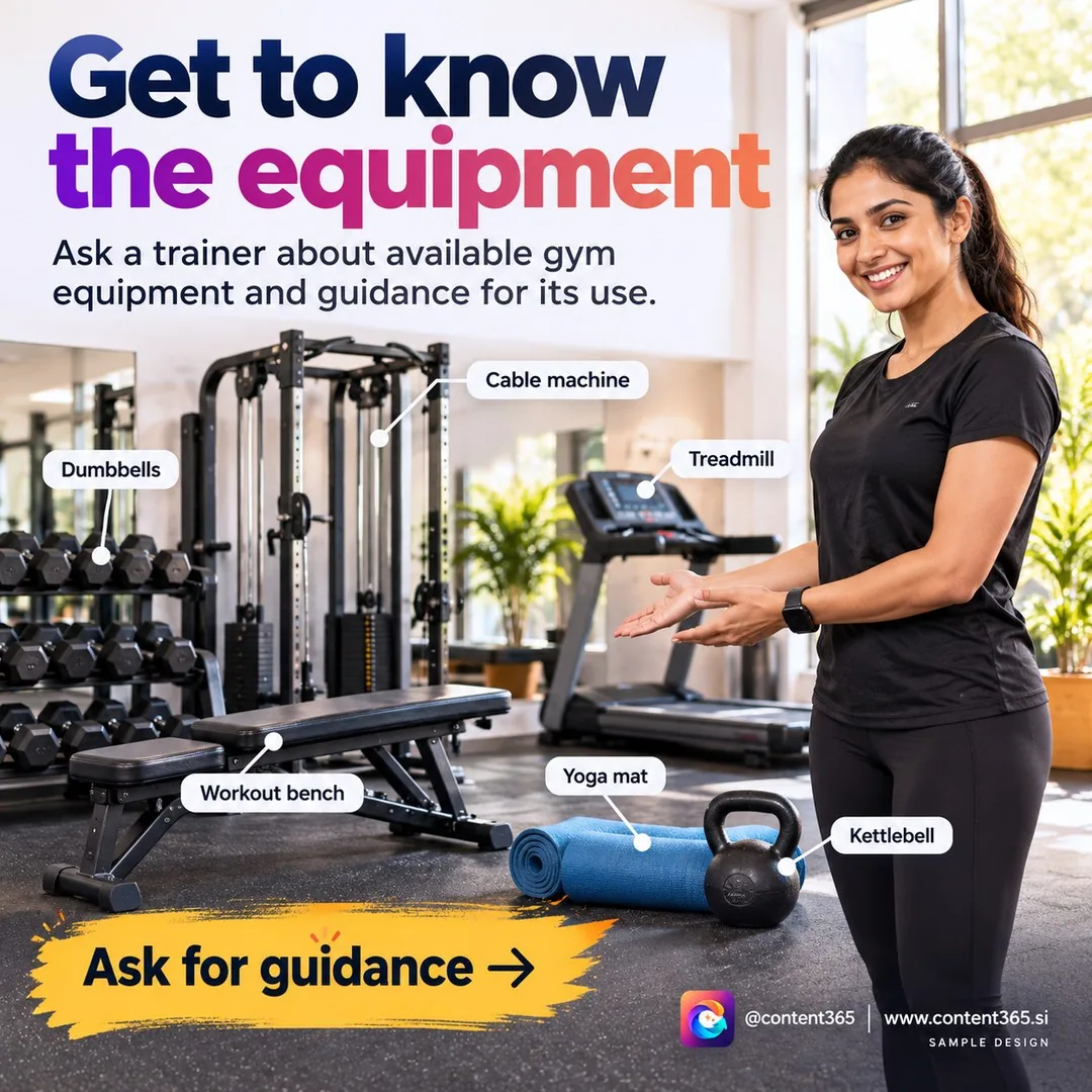 Sample design for a made-up gym and fitness studio. Smiling trainer gesturing to labelled gym equipment: dumbbells, cable machine, treadmill, bench, yoga mat and kettlebell. Headline "Get to know the equipment"