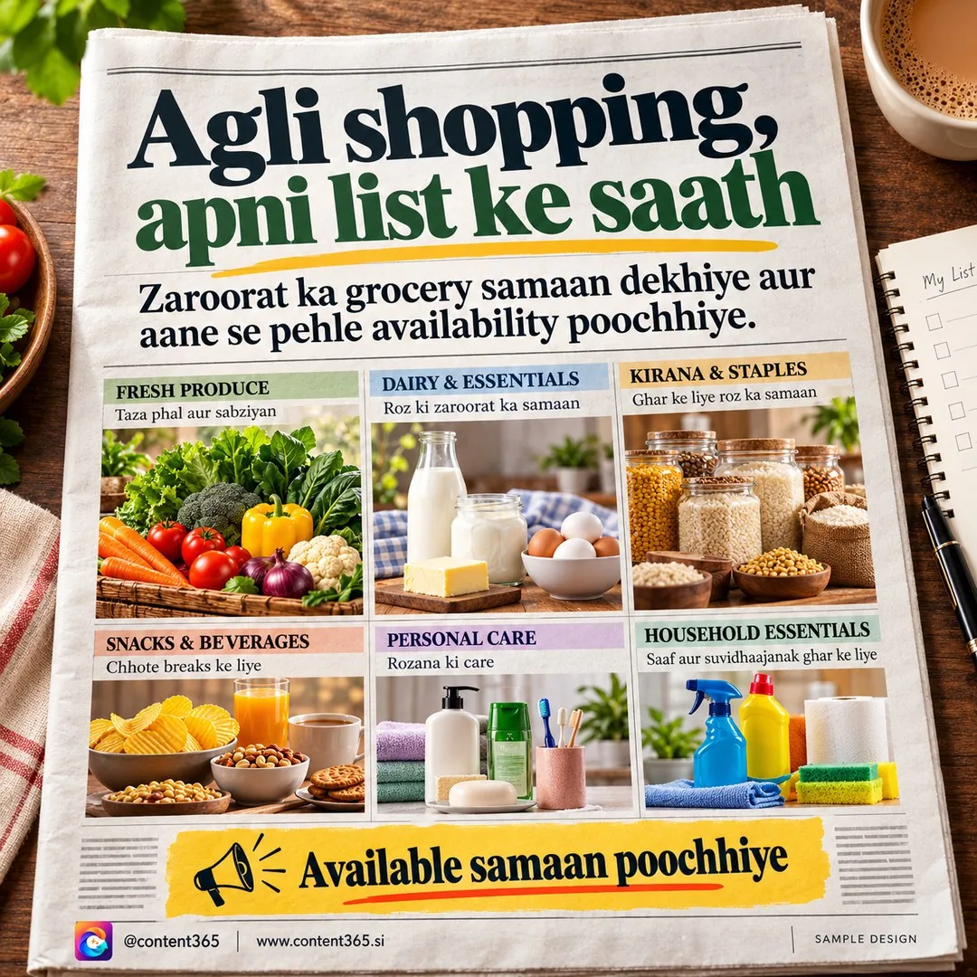 Sample design for a made-up kirana and general store. Newspaper-style page with photo panels for produce, dairy, staples, snacks, personal care and household items. Hinglish headline "Next shopping, with your own list"