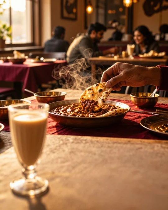 The text-free scene for a sample post for Tandoor Tales, a made-up restaurant: a hand dips naan into a bowl of curry at a warmly lit table.
