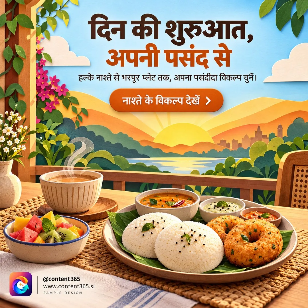 Sample design for a made-up South Indian breakfast cafe. Paper-cut sunrise landscape above idli, vada, chutneys, tea and fruit, Hindi headline "Start the day, your way".