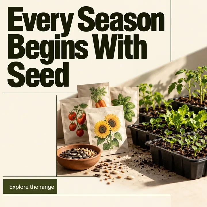A seed-shop post headed Every Season Begins With Seed, showing seed packets and seedling trays