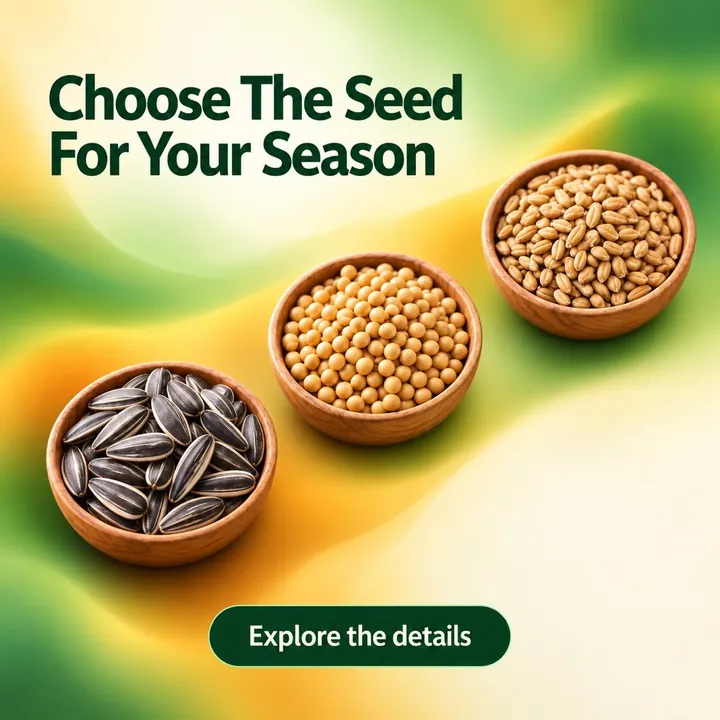 A sample design for a made-up seed supplier: three bowls of seeds, with the headline "Choose The Seed For Your Season".