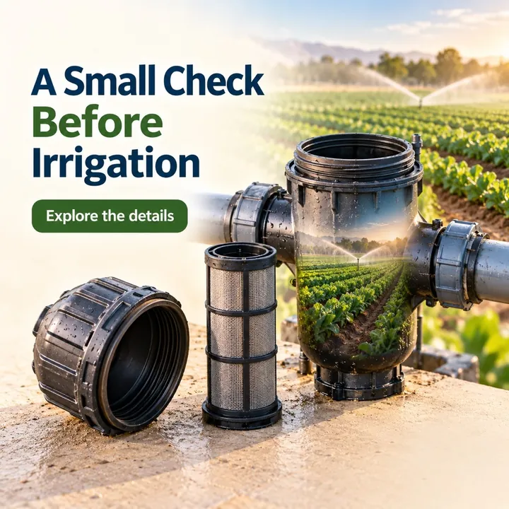 A sample design for a made-up irrigation installer: a pipe filter taken apart beside a field, with the headline "A Small Check Before Irrigation".