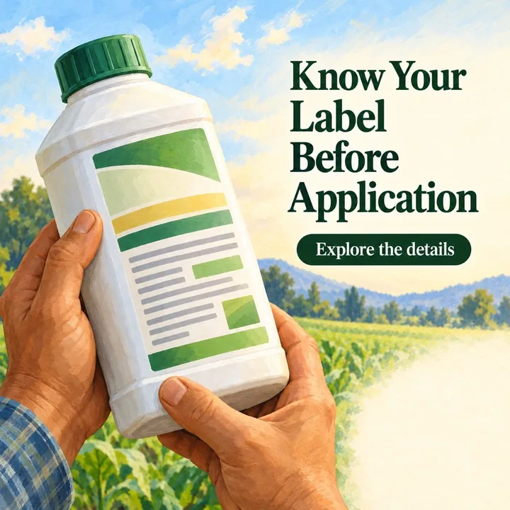 A sample design for a made-up crop-protection supplier: hands holding a product bottle and its label, with the headline "Know Your Label Before Application".