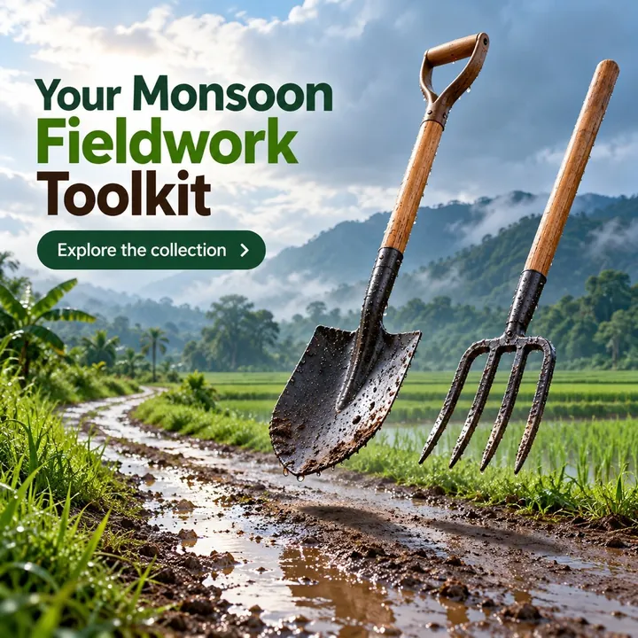 A farm-tools post headed Your Monsoon Fieldwork Toolkit, showing a spade and a fork beside a muddy field path