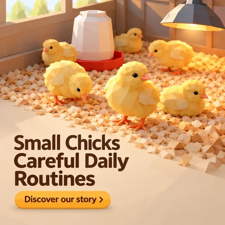 A hatchery post headed Small Chicks Careful Daily Routines, showing chicks around a feeder