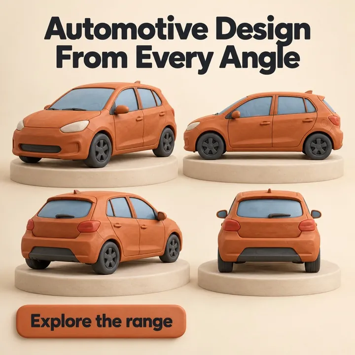 A car showroom post headed Automotive Design From Every Angle, showing one orange hatchback from four sides