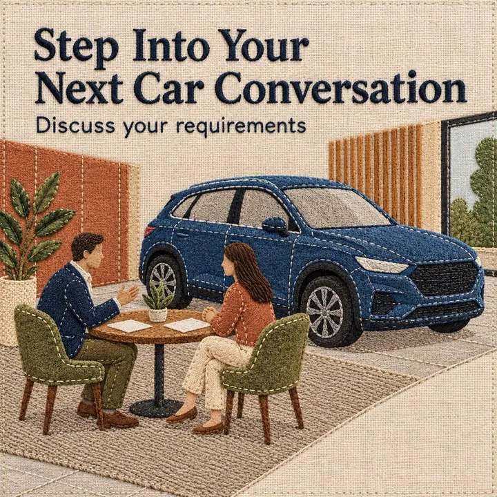 A sample design for a made-up car dealership: two people talking beside a blue car, with the headline "Step Into Your Next Car Conversation".