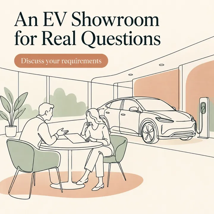 A sample line-drawing design for a made-up EV dealership: two people talking in a showroom, with the headline "An EV Showroom for Real Questions".