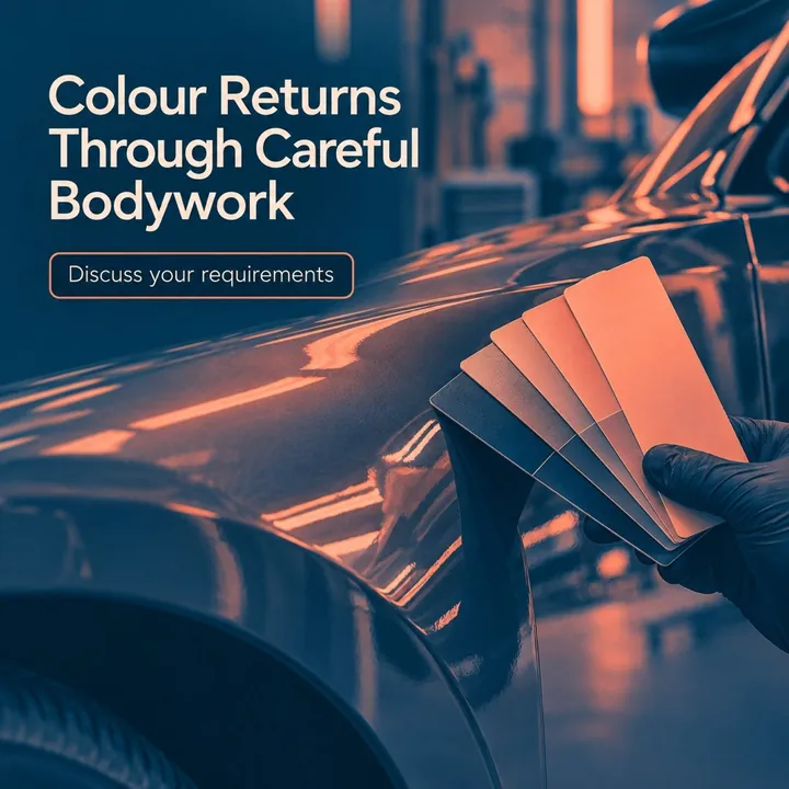A sample design for a made-up body and paint workshop: paint swatches held against a car panel, with the headline "Colour Returns Through Careful Bodywork".