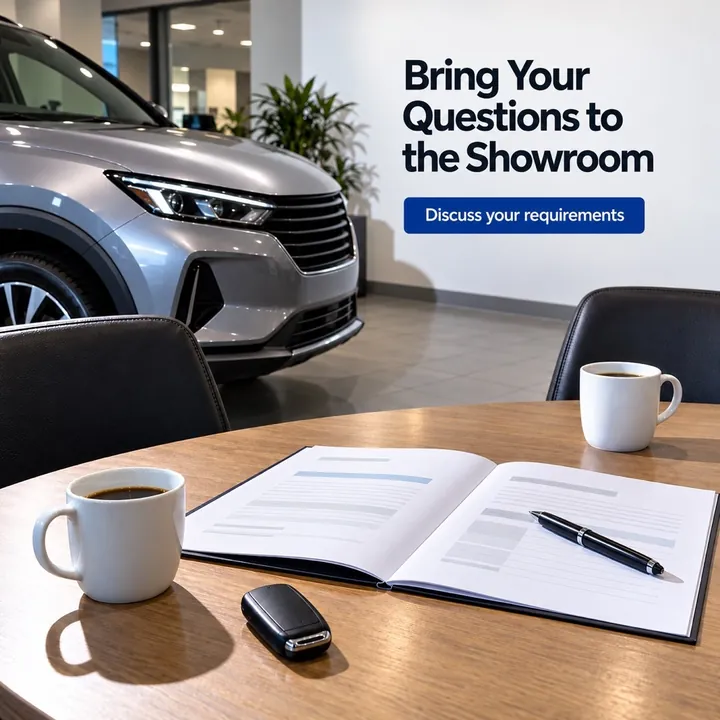 A sample design for a made-up car dealership: an open brochure, coffee and a car key on a showroom table, headline "Bring Your Questions to the Showroom".
