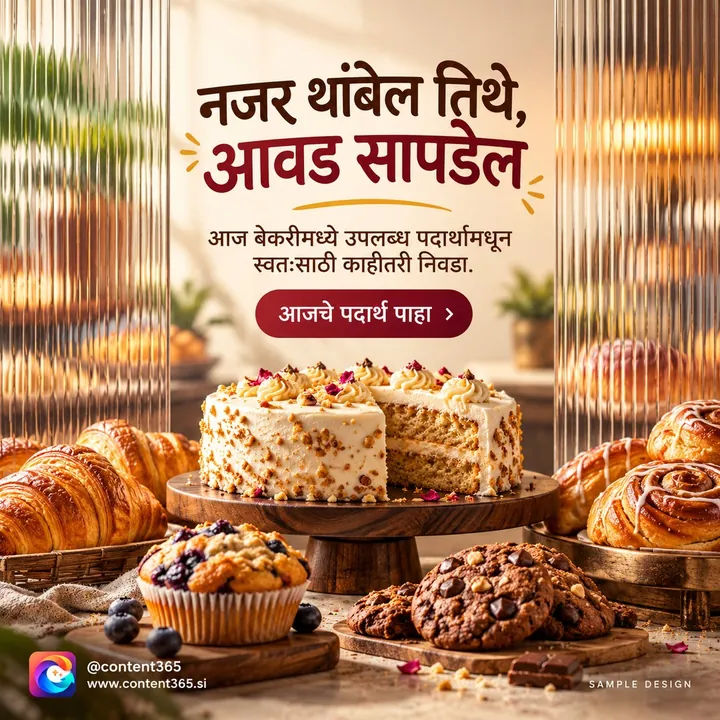 Sample design for a made-up neighbourhood bakery: cakes, croissants and cookies on wooden stands, Marathi headline Where your eye stops, you find your favourite