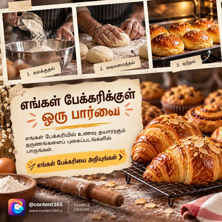 Sample design for a made-up local bakery: flour mixing, dough shaping and baked buns cooling, Tamil headline A look inside our bakery