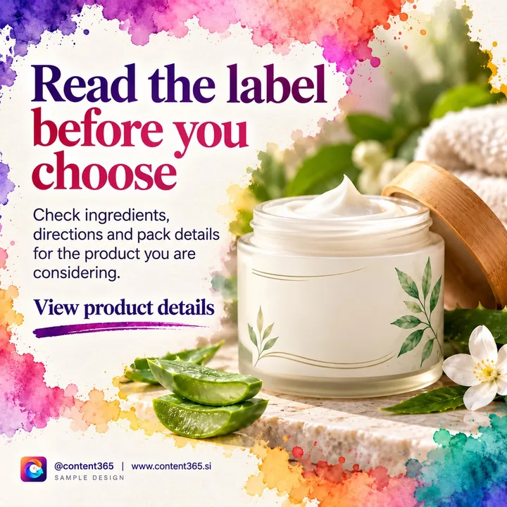 A sample design for a made-up skincare store: a cream jar with aloe and jasmine in watercolour splashes, headline Read the label before you choose