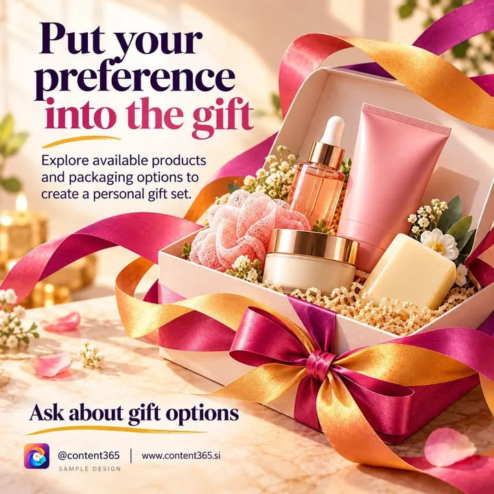 A sample design for a made-up beauty gift store: an open gift box of skincare, soap and a sponge with ribbons, headline Put your preference into the gift