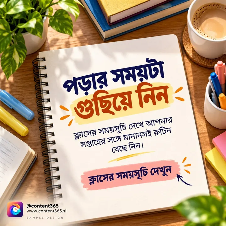 Sample design for a made-up tuition centre: a spiral notebook with highlighters, pens and sticky notes; Bengali headline "Organise your study time".