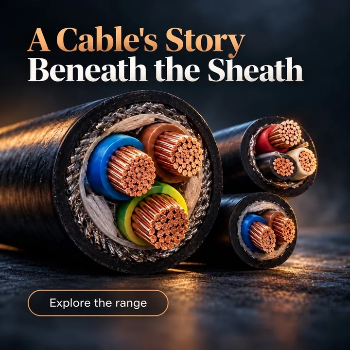 An electricals post headed A Cable's Story Beneath the Sheath, showing copper cores inside cut cables