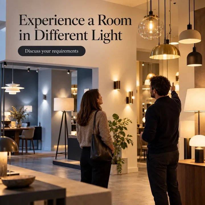 A lighting store post headed Experience a Room in Different Light, showing a couple looking at pendant lamps