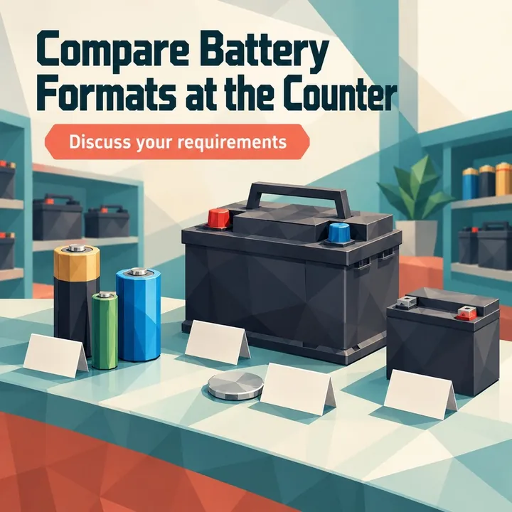 A sample battery shop post with the English headline "Compare Battery Formats at the Counter", showing batteries of different sizes on a counter