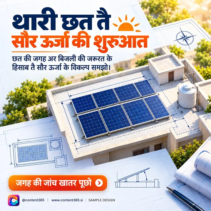 A sample solar installer post with the Haryanvi headline "Start solar from your roof", over a blueprint-style rooftop with panels