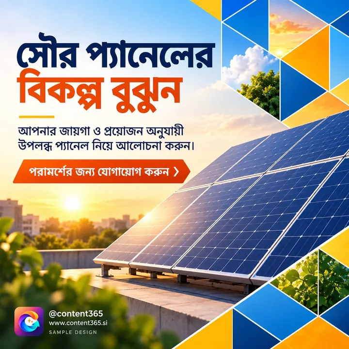 A sample solar panel installer post with the Bengali headline "Understand your solar panel options", showing rooftop panels at sunrise