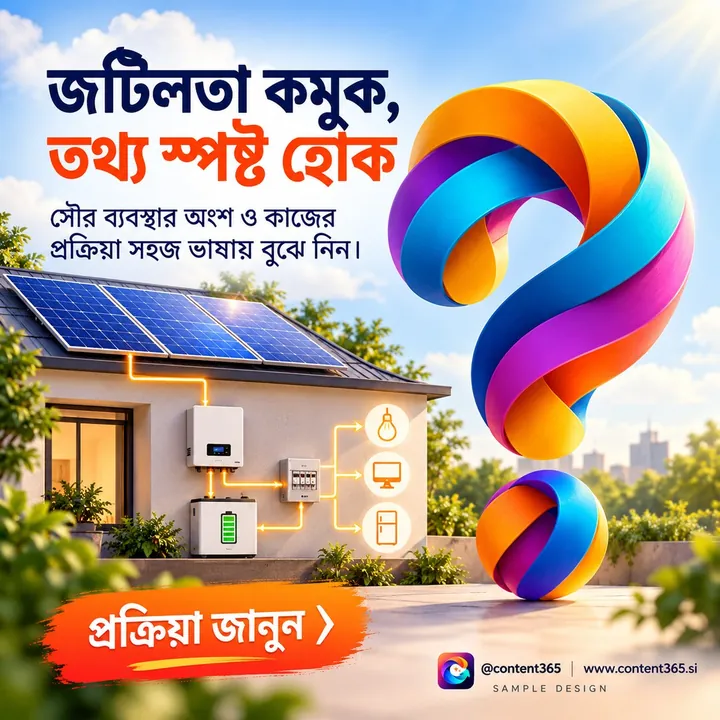A sample solar installation post with the Bengali headline "Less complexity, clearer information", linking rooftop panels, inverter and battery
