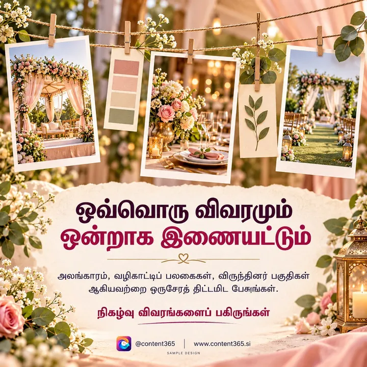 Sample design for a made-up wedding decorator: photos of floral mandaps beside a colour palette and a lantern, Tamil headline Let every detail come together