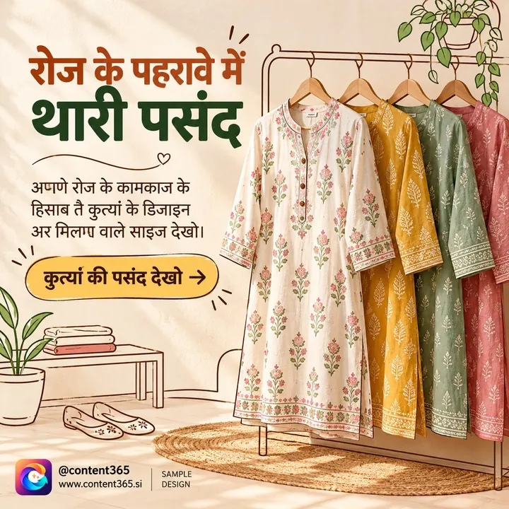 A kurta boutique post in Hindi showing a rail of printed kurtas