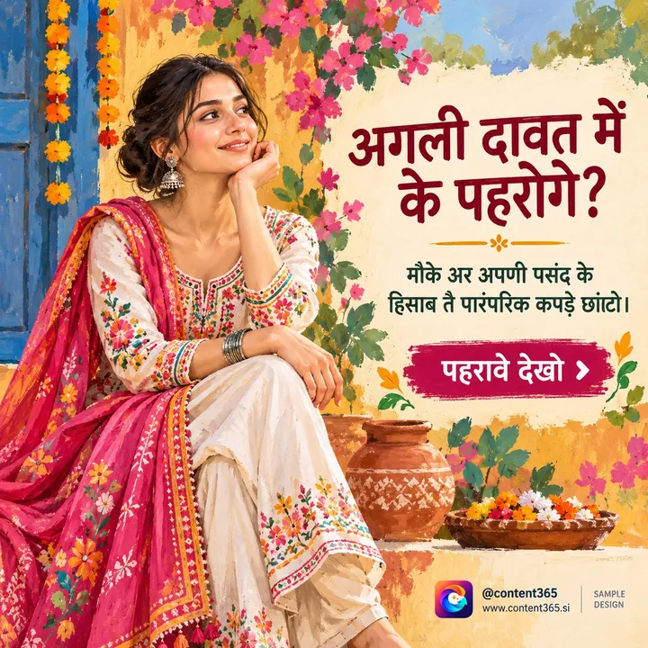 A sample boutique post with the Haryanvi headline "What will you wear to the next feast?", showing a woman in a white embroidered suit and pink dupatta