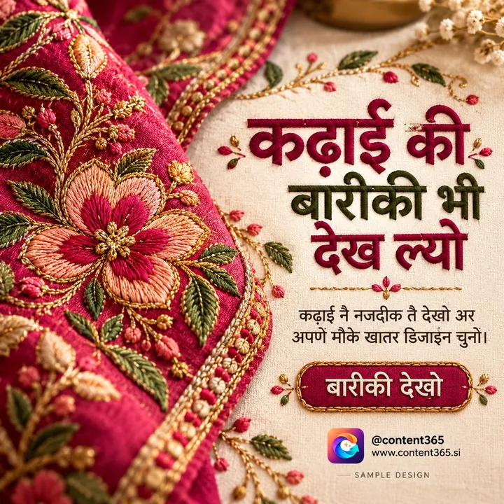 A sample ethnic wear boutique post with the Haryanvi headline "See the fine embroidery too", showing close pink and gold embroidery