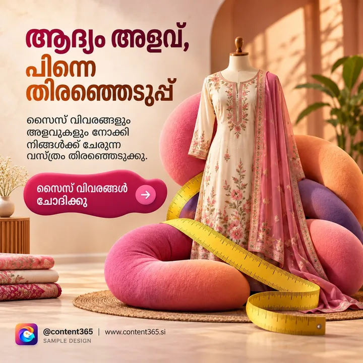 A sample ethnic wear store post with the Malayalam headline "Measure first, then choose", showing a cream kurta set with a tape measure