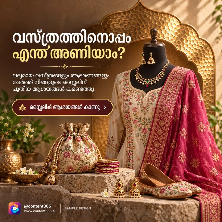 A sample ethnic wear boutique post with the Malayalam headline "What to wear with the outfit?", with a kurta, gold jewellery, potli bag and juttis