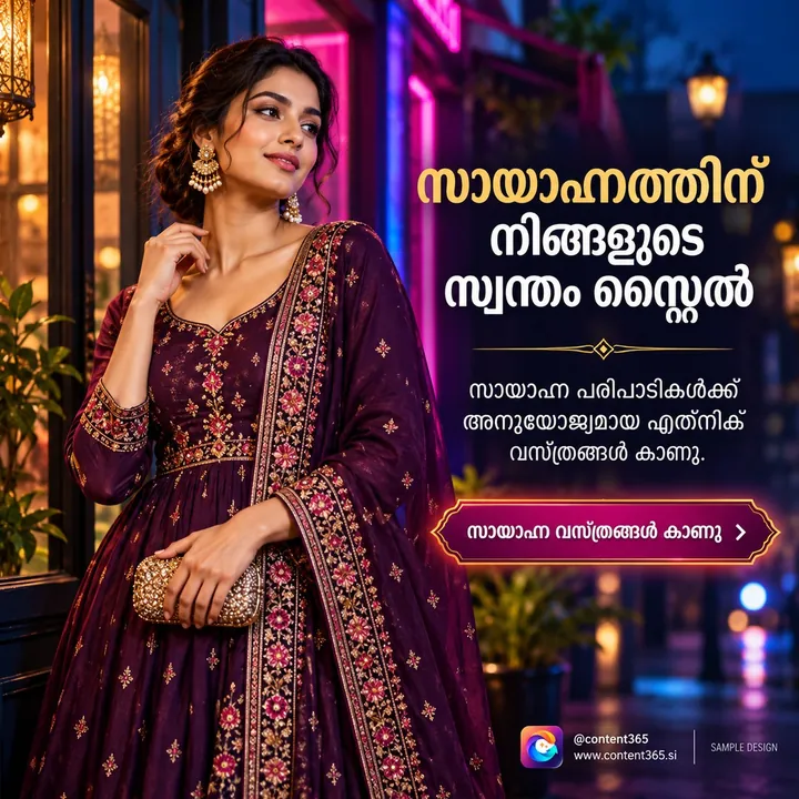 A sample evening ethnic wear post with the Malayalam headline "Your own style for the evening", showing a woman in a plum embroidered gown at night