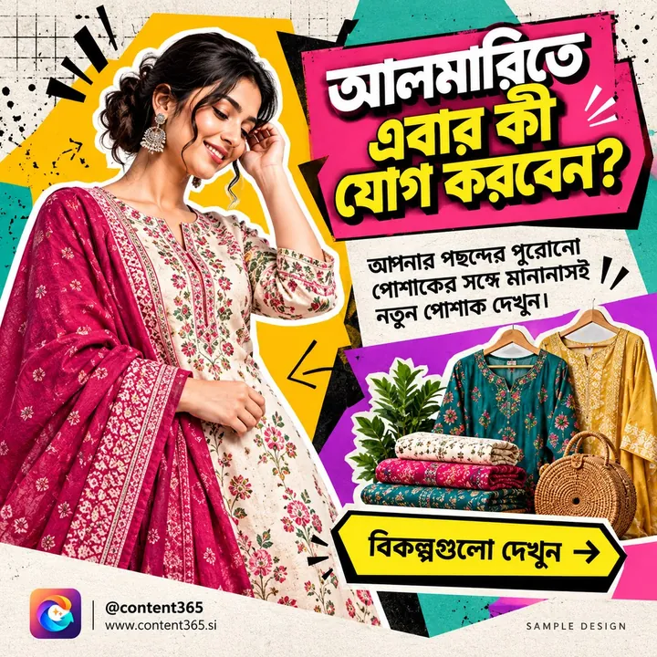 A sample women's fashion boutique post with the Bengali headline "What will you add to your wardrobe?", showing a smiling woman in an embroidered kurta